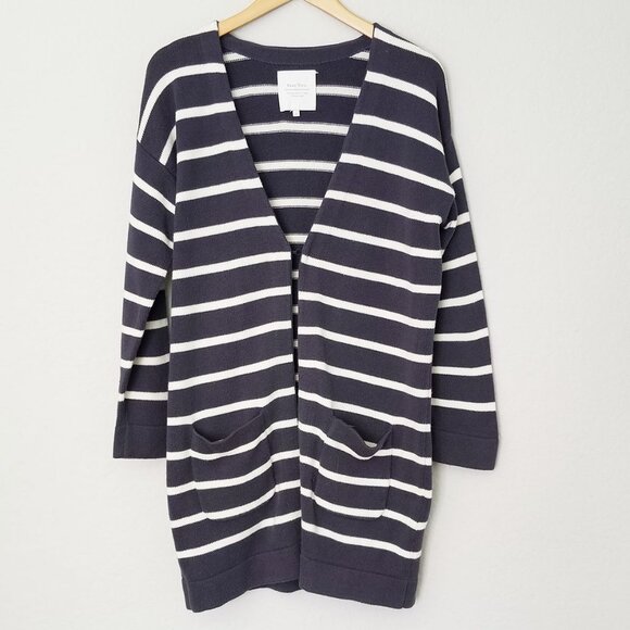 Part Two Striped Longline Tunic Cardigan M Cotton Blend One Hook Eye Preppy Knit - Picture 2 of 13